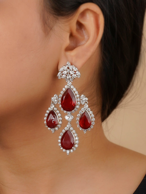 CZEAR543R - Red Color Silver Plated Faux Diamond Earrings