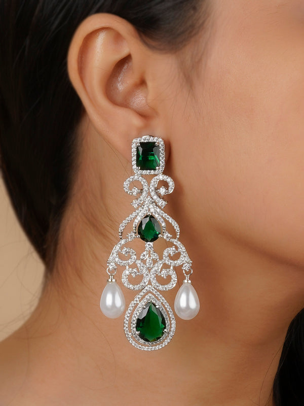 CZEAR545GR - Green Color Silver Plated Faux Diamond Earrings