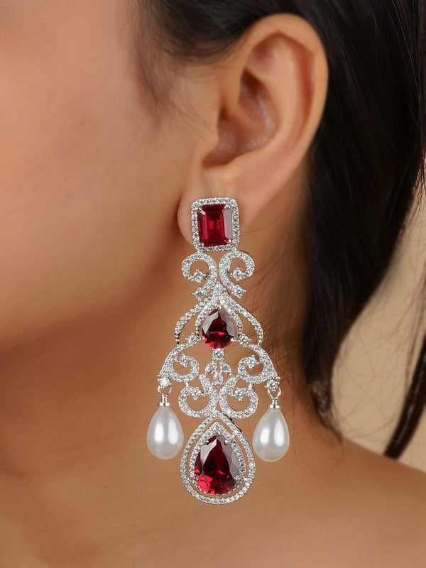 CZEAR545R - Red Color Silver Plated Faux Diamond Earrings