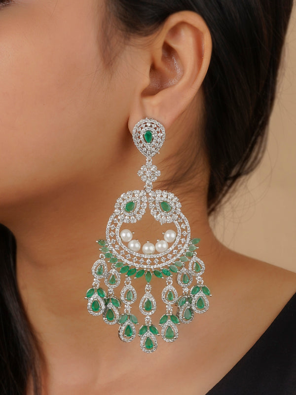 CZEAR546GR - Green Color Silver Plated Faux Diamond Earrings