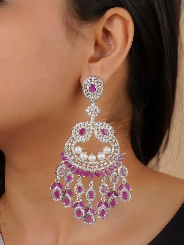 CZEAR546P - Pink Color Silver Plated Faux Diamond Earrings