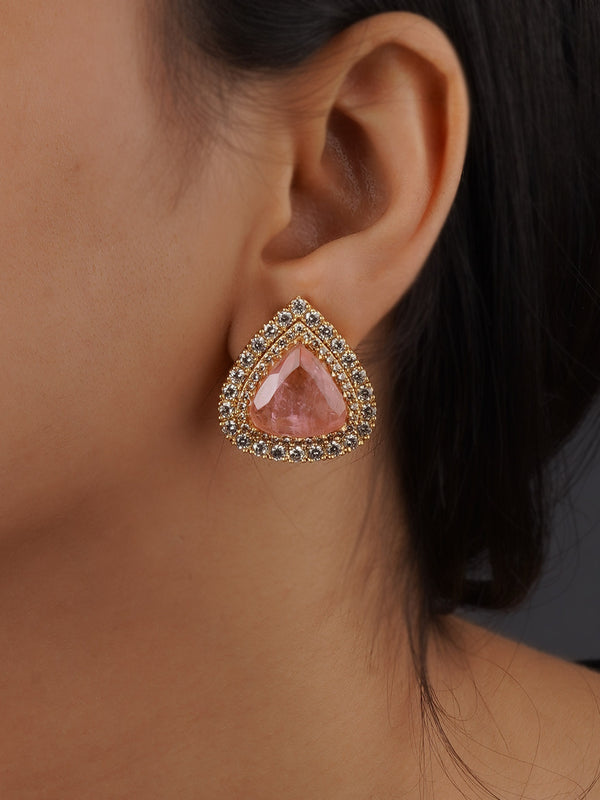 CZEAR550LP - Baby Pink Color Gold Plated Faux Diamond Earrings