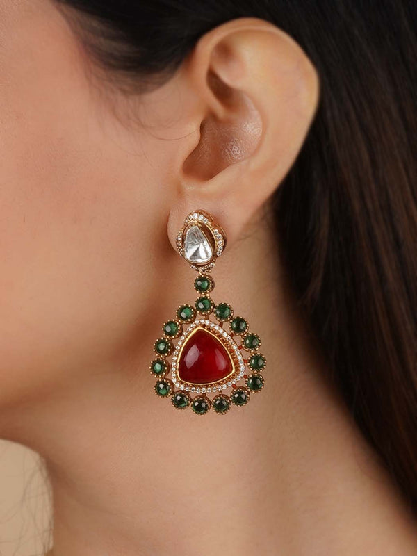 CZEAR567R - Red Color Gold Plated Faux Diamond Earrings