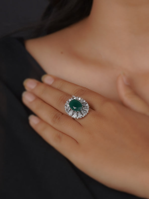 CZRNG100GR - Green Color Silver Plated Faux Diamond Ring