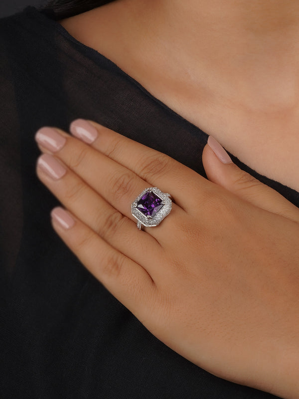 CZRNG101PR - Purple Color Silver Plated Faux Diamond Ring