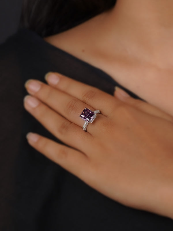 CZRNG102PR - Purple Color Silver Plated Faux Diamond Ring