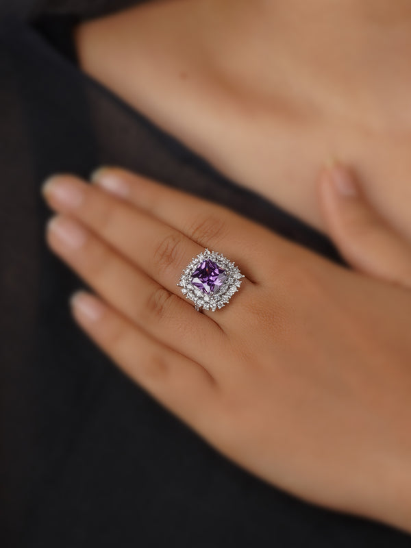 CZRNG104PR - Purple Color Silver Plated Faux Diamond Ring