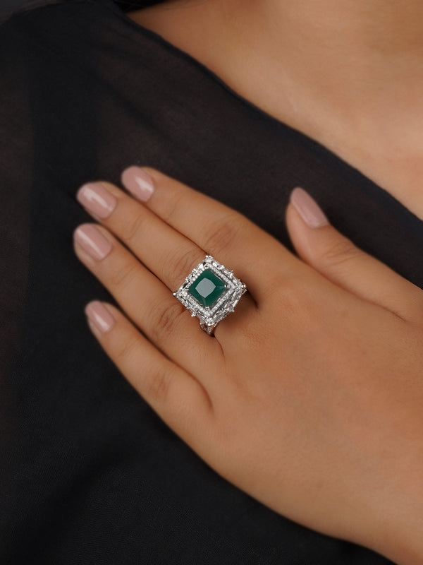 CZRNG105GR - Green Color Silver Plated Faux Diamond Ring
