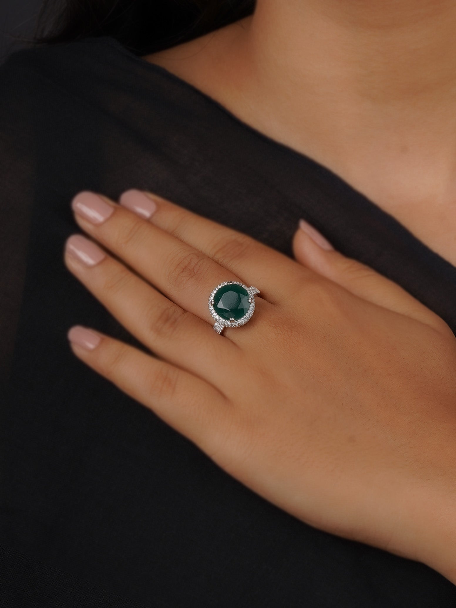 CZRNG106GR - Green Color Silver Plated Faux Diamond Ring