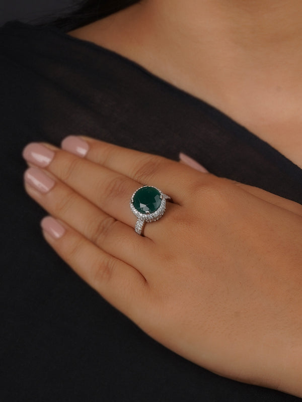 CZRNG106GR - Green Color Silver Plated Faux Diamond Ring