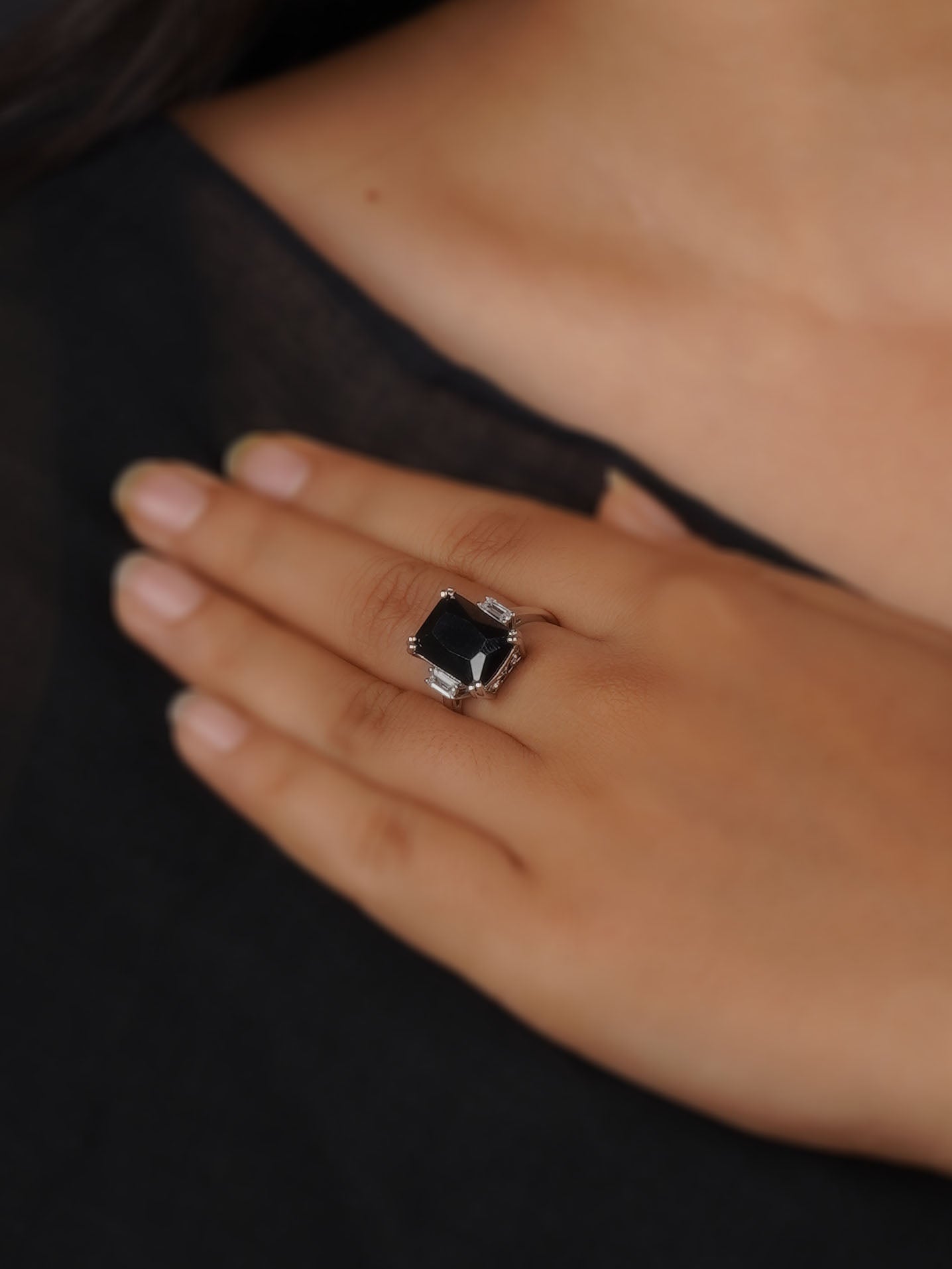 CZRNG107BK - Black Color Silver Plated Faux Diamond Ring