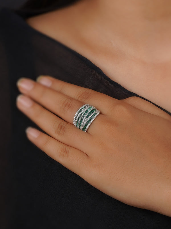 CZRNG79GR - Green Color Silver Plated Faux Diamond Ring
