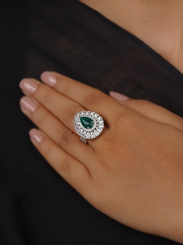 CZRNG99GR - Green Color Silver Plated Faux Diamond Ring