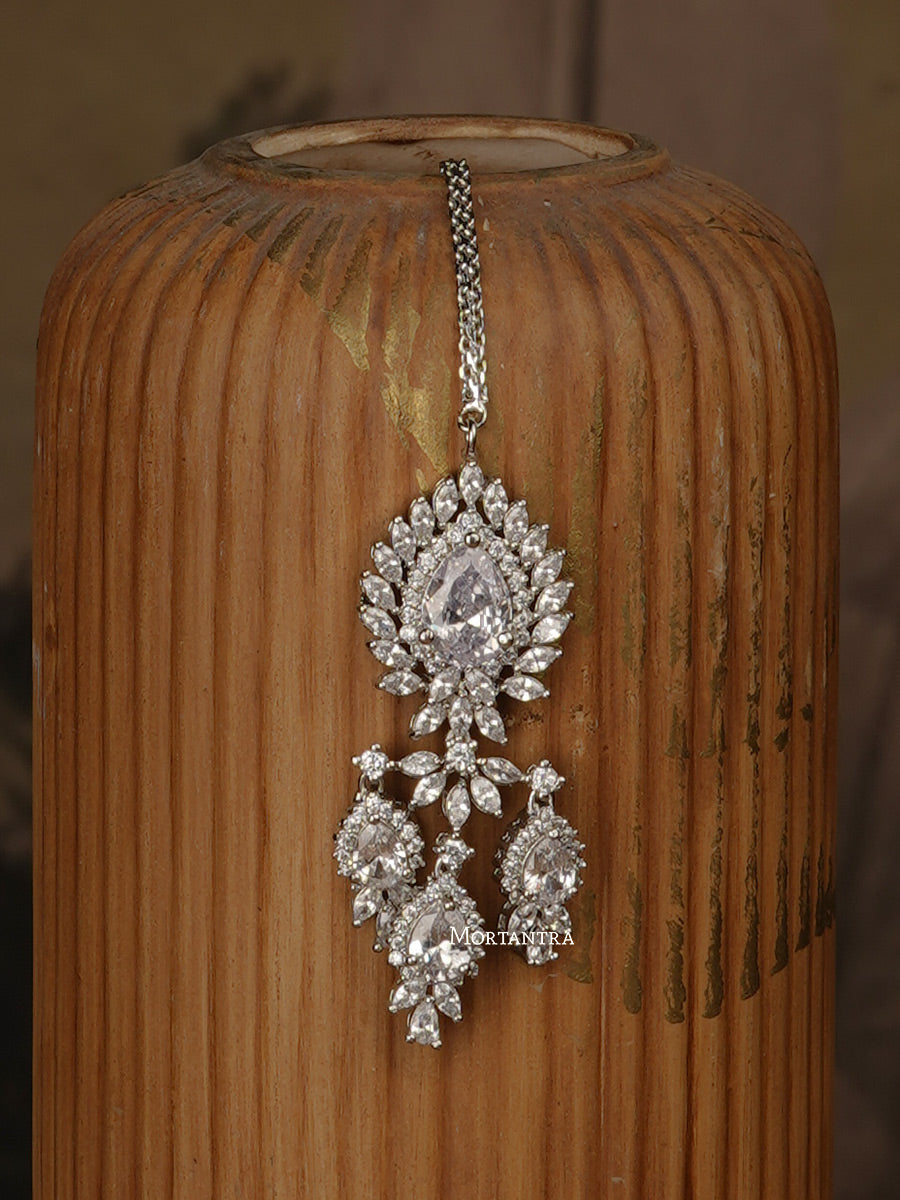 CZSET103 - Silver Color Faux Diamond Medium Necklace Set With Tikka