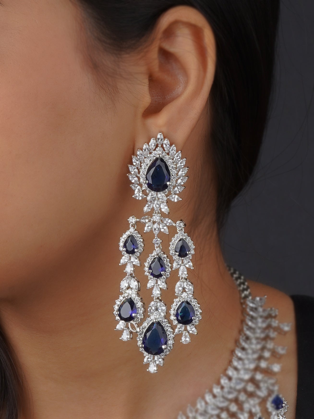 CZSET103BL - Blue Color Silver Plated Faux Diamond Bridal Necklace Set
