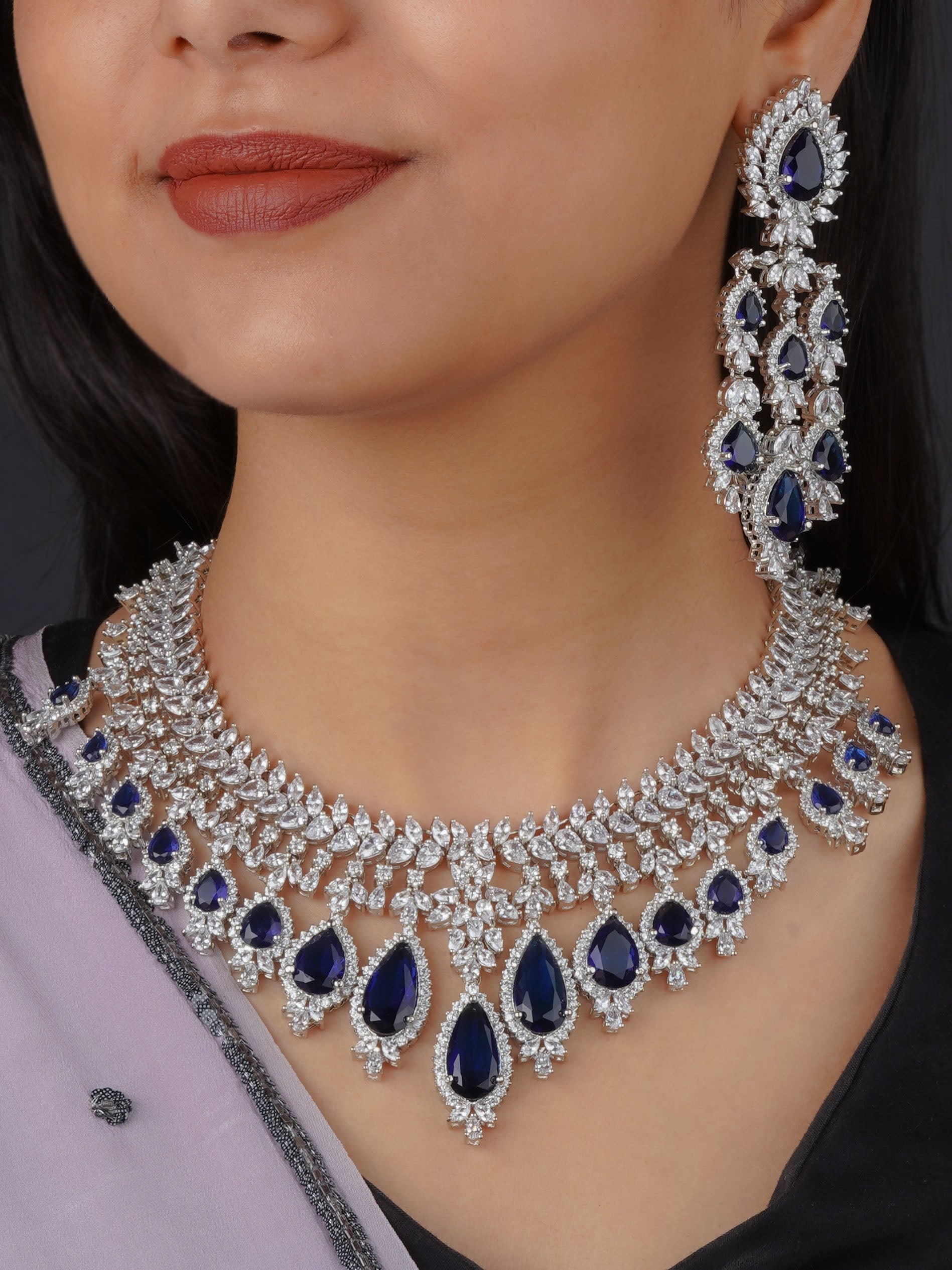 CZSET103BL - Blue Color Silver Plated Faux Diamond Bridal Necklace Set