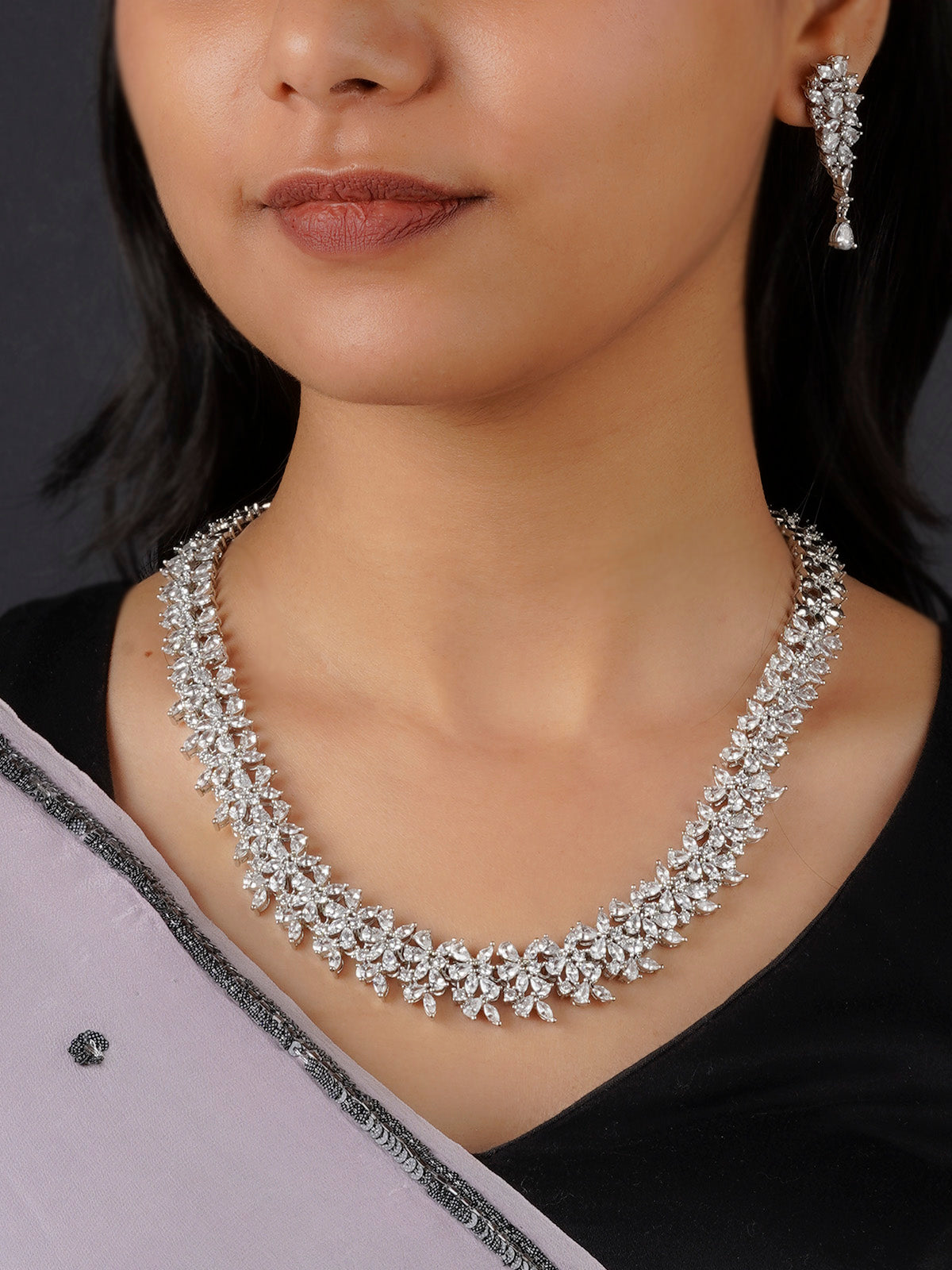 CZSET116 - White Color Silver Plated Faux Diamond Necklace Set
