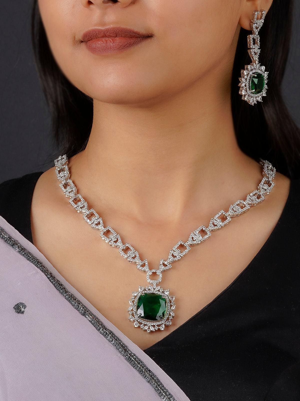 CZSET214GR - Green Color Silver Plated Faux Diamond Necklace Set