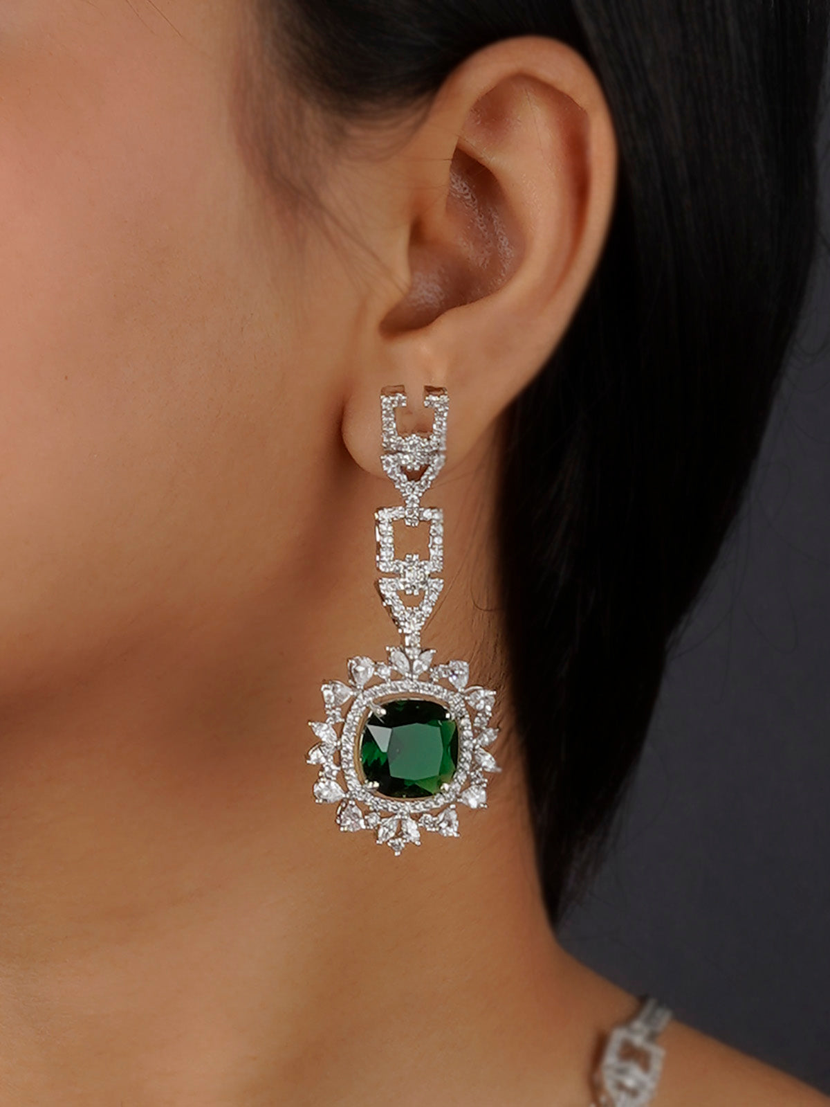 CZSET214GR - Green Color Silver Plated Faux Diamond Necklace Set
