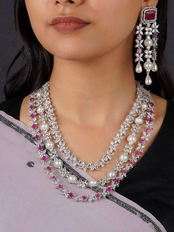 CZSET217P - Pink Color Silver Plated Faux Diamond Necklace Set