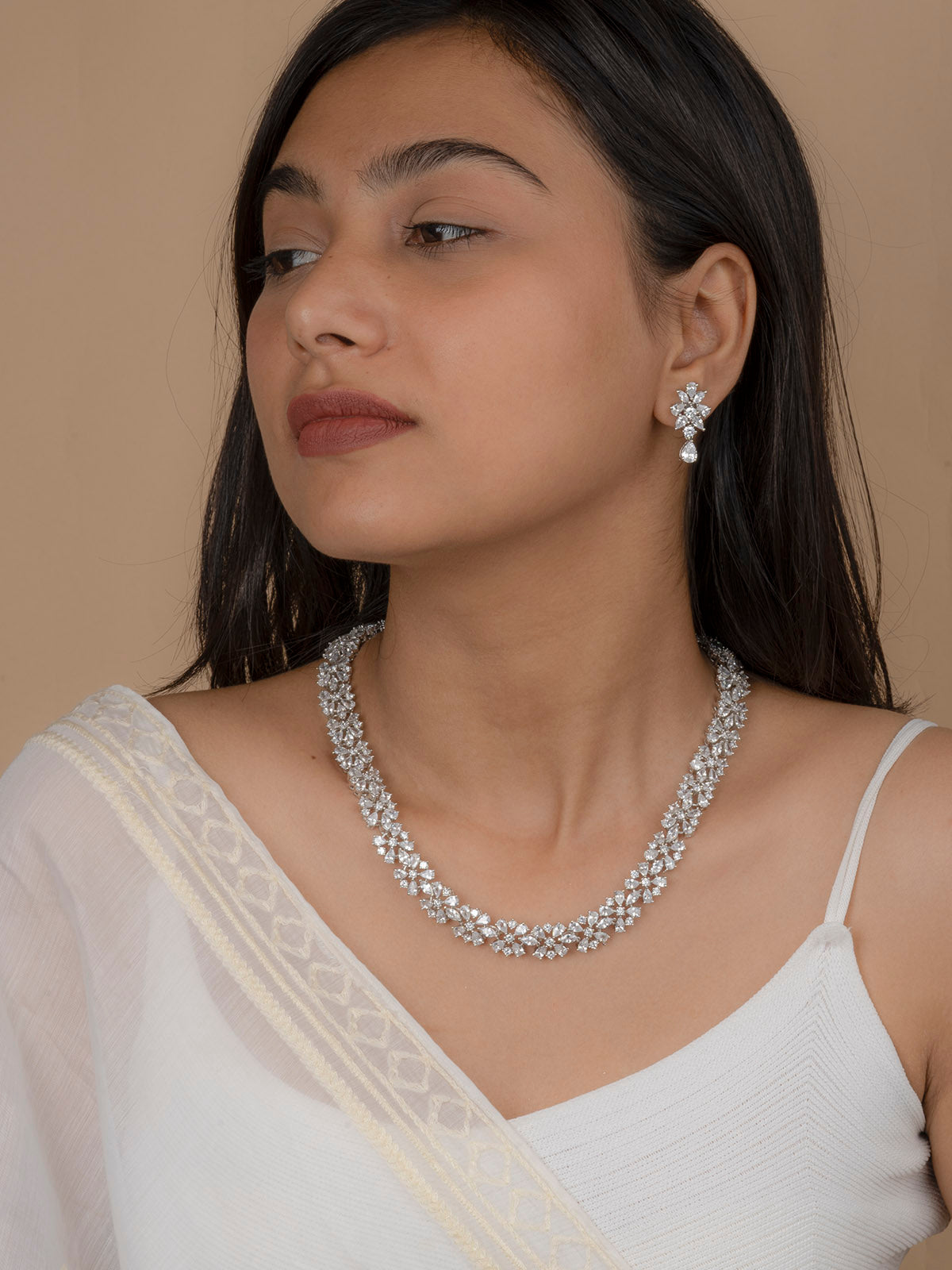 CZSET219 - White Color Faux Diamond Delicate Medium Necklace Set