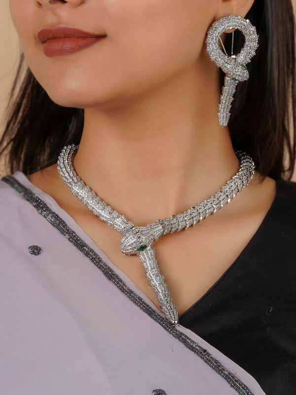 CZSET249 - White Color Silver Plated Faux Diamond Necklace Set