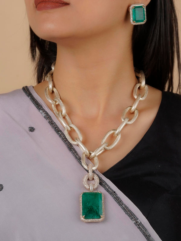 CZSET274GR - Green Color Silver Plated Faux Diamond Necklace Set