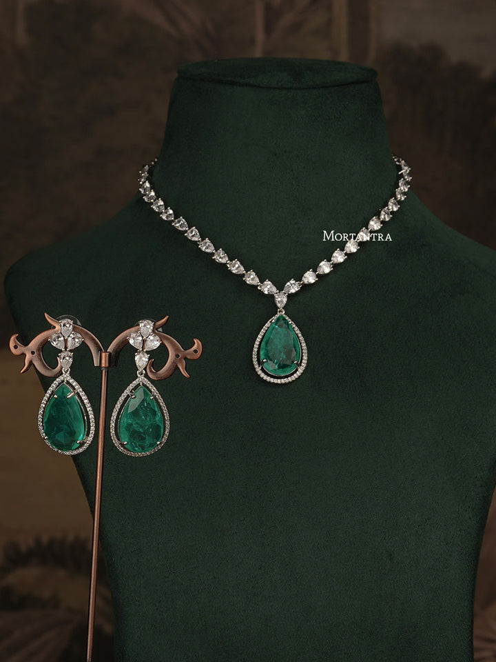 CZSET287G - Green Clolor Faux Diamond Medium Necklace Set