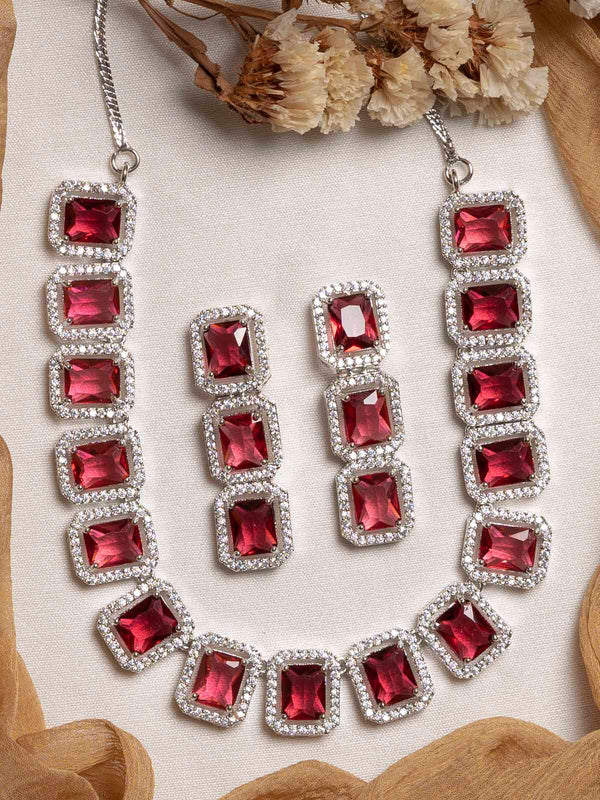 CZSET289P - Pink Color Faux Diamond Necklace Set