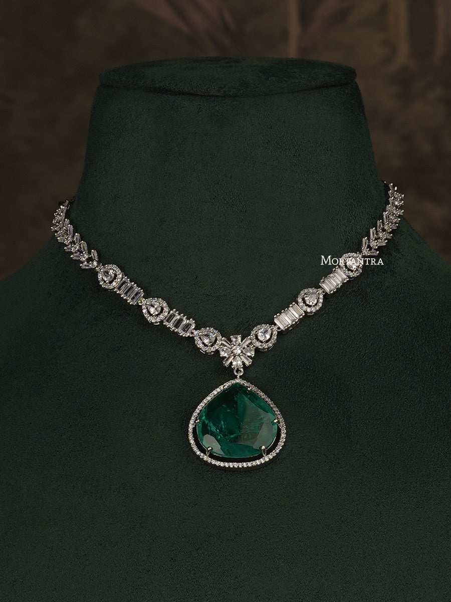 CZSET290GR - Green Color Faux Diamond Medium Necklace Set