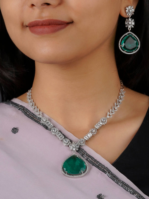 CZSET290GR - Green Color Silver Plated Faux Diamond Necklace Set