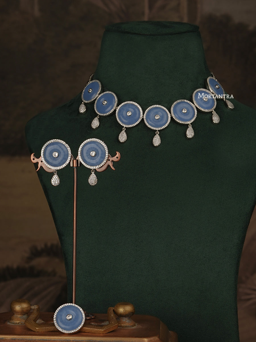 CZSET291BL - Blue Color Faux Diamond Medium Necklace Set