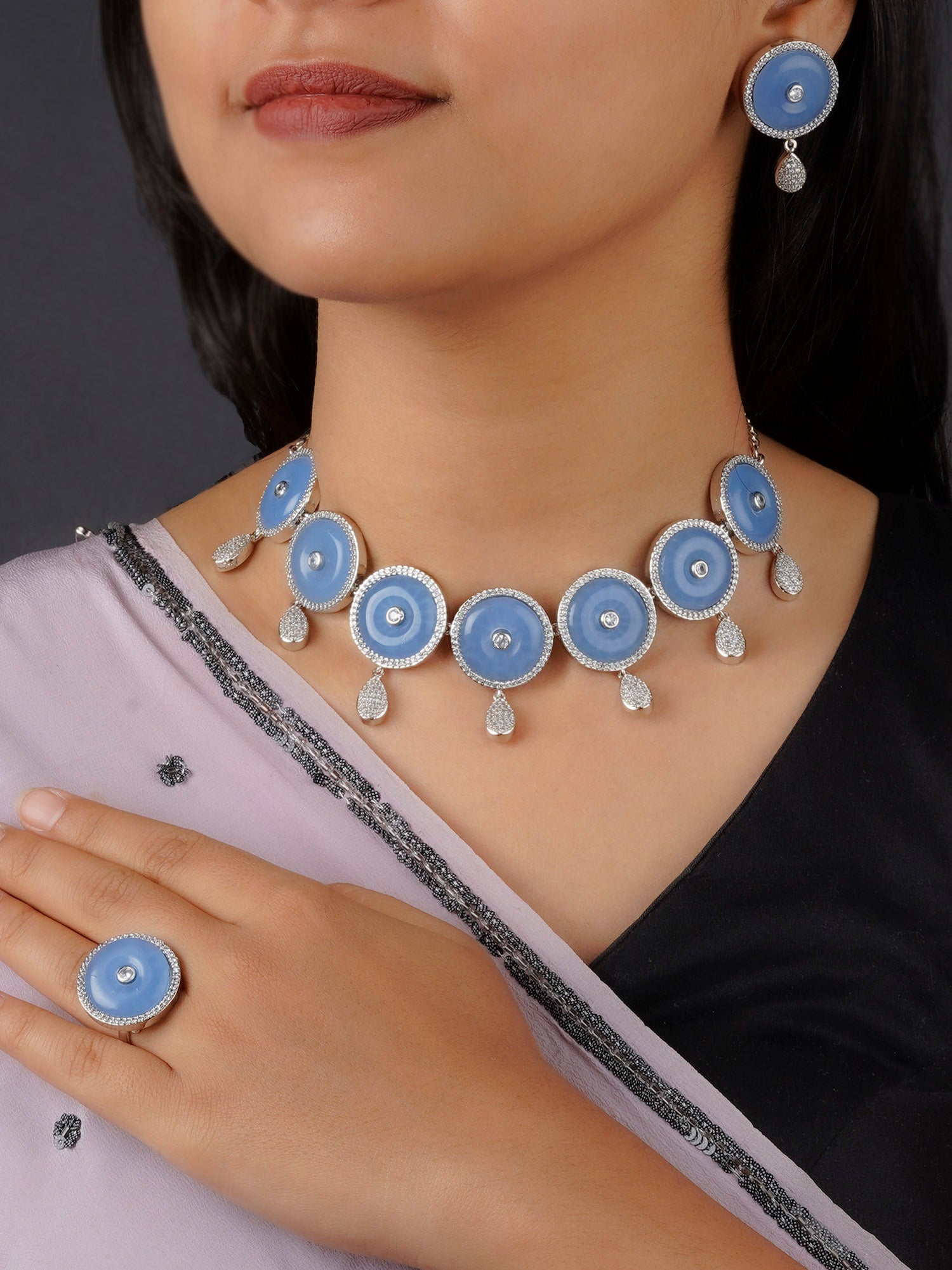 CZSET291BL - Blue Color Silver Plated Faux Diamond Necklace Set