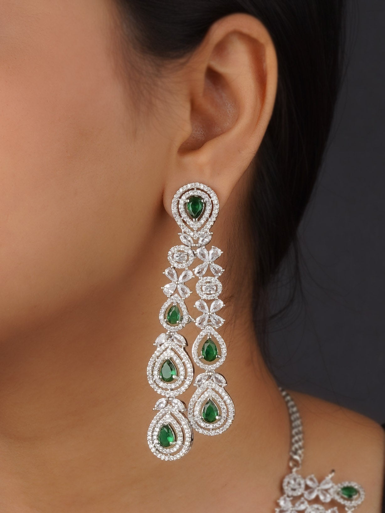 CZSET292GR - Green Color Silver Plated Faux Diamond Bridal Necklace Set