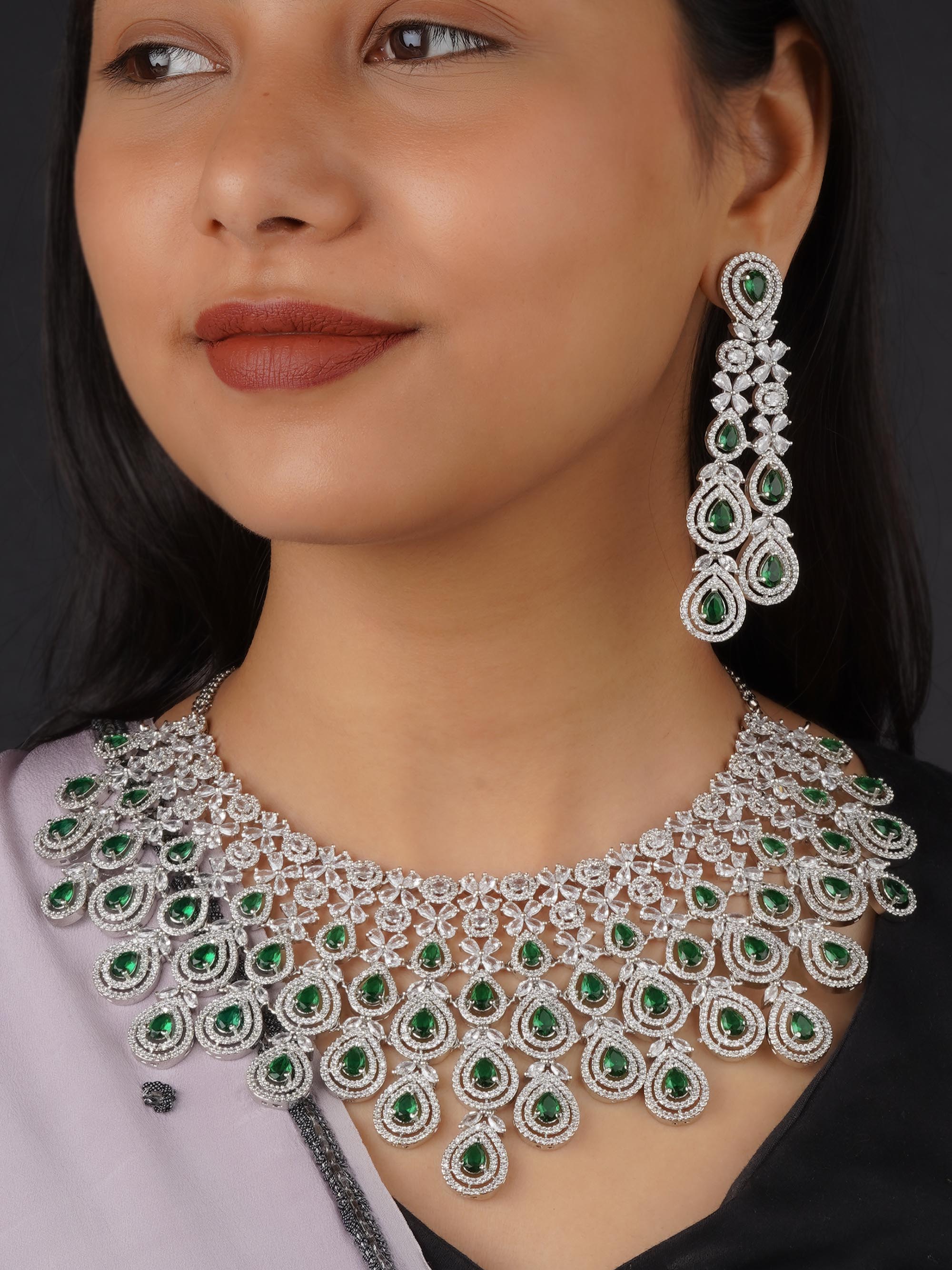 CZSET292GR - Green Color Silver Plated Faux Diamond Bridal Necklace Set