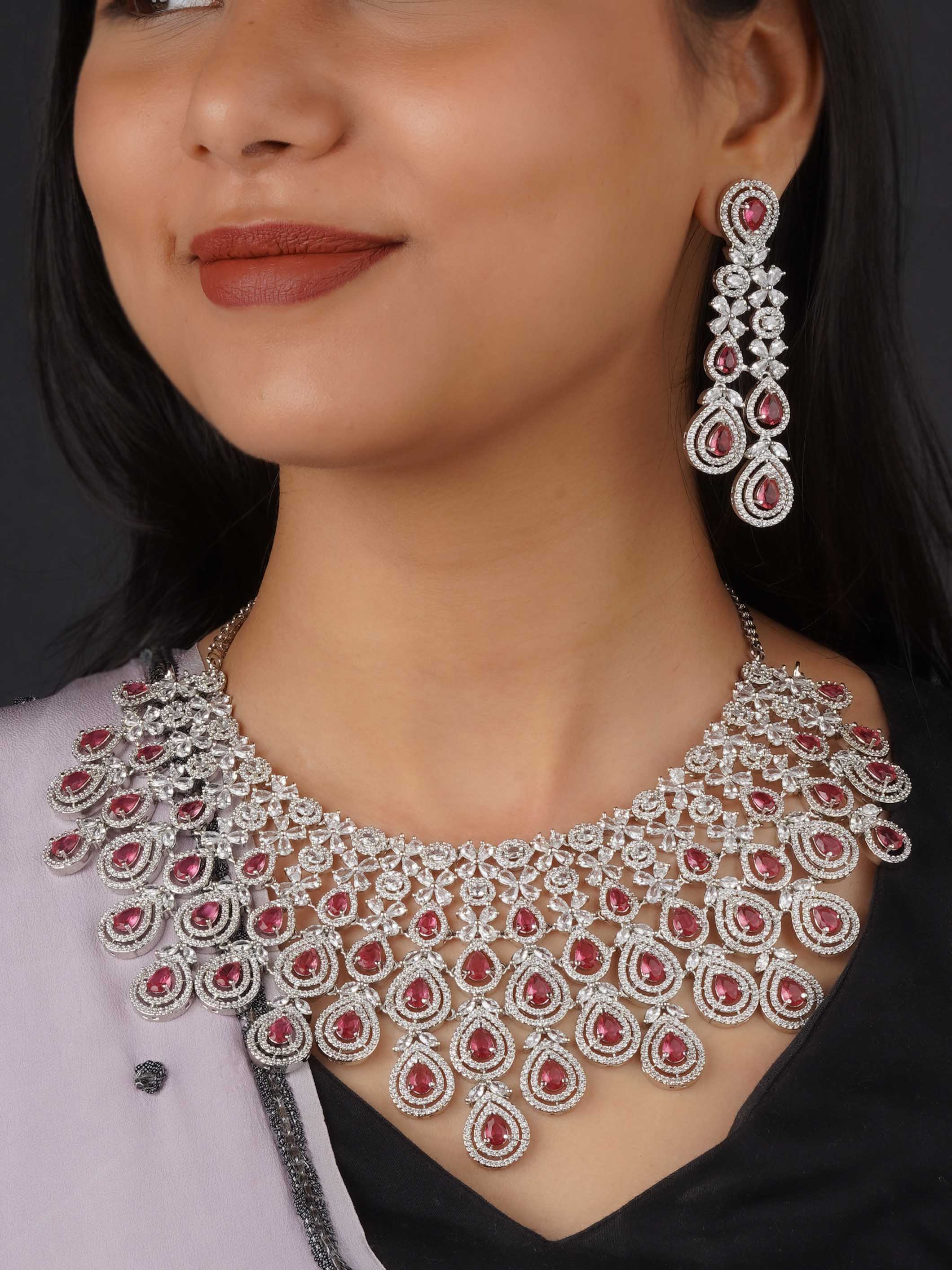 CZSET292M - Pink Color Silver Plated Faux Diamond Bridal Necklace Set