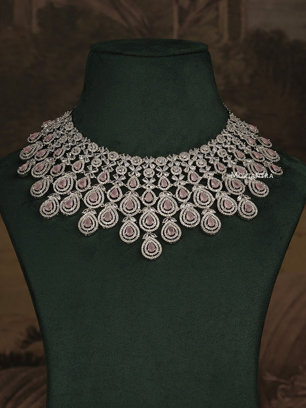 CZSET292P - Pink Color Faux Diamond Medium Necklace Set