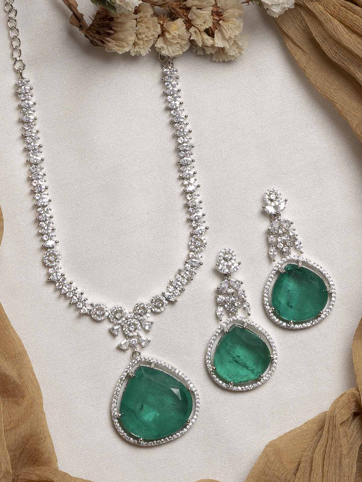 CZSET293GR - Green Color Faux Diamond Long Necklace Set