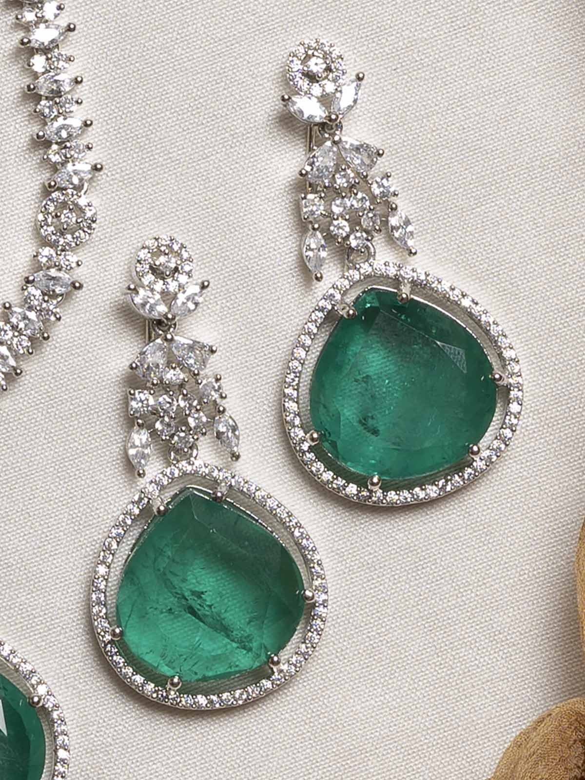 CZSET293GR - Green Color Faux Diamond Long Necklace Set