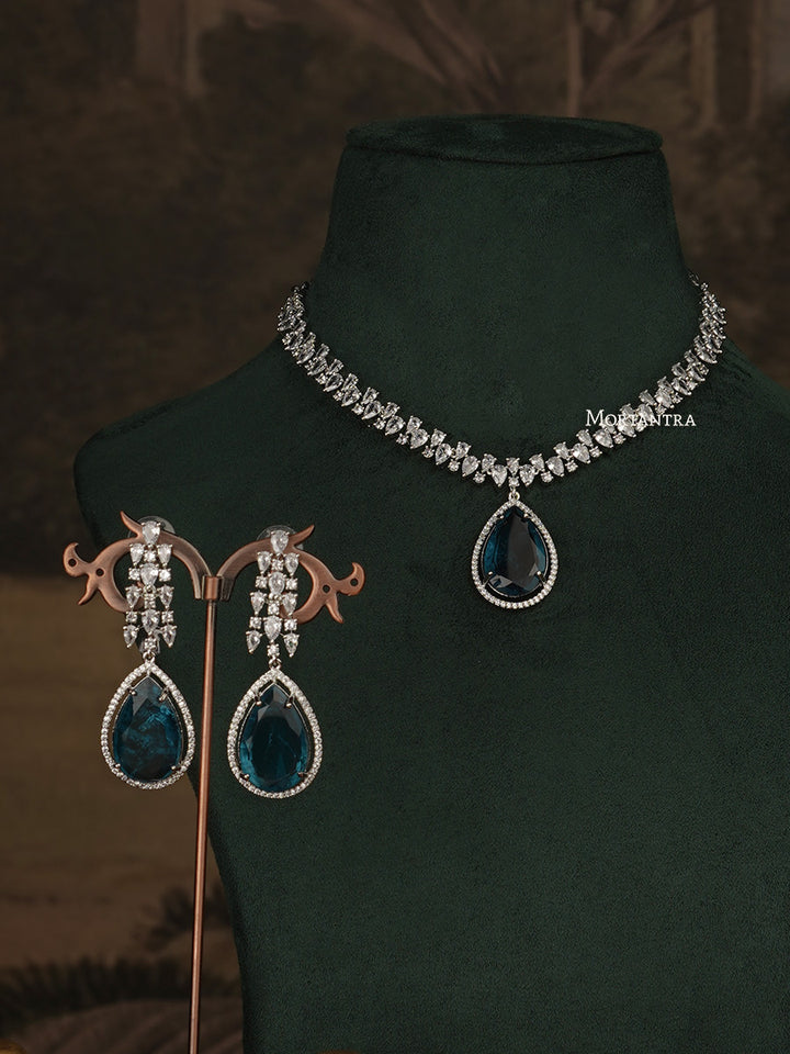 CZSET294 - Turquoise Color Faux Diamond Medium Necklace Set