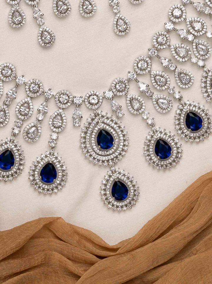 CZSET296BL - Blue Color Faux Diamond Medium Necklace Set