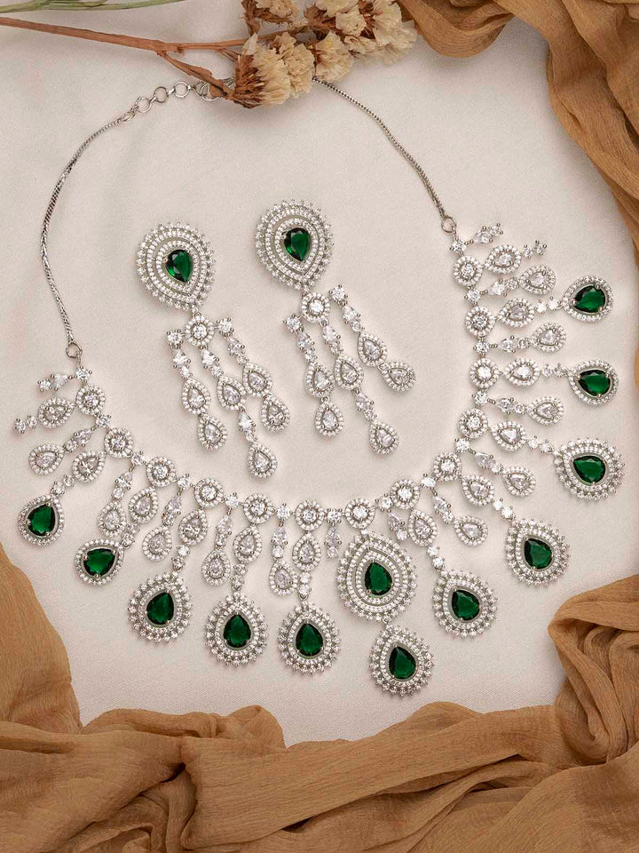 CZSET296GR - Green Color Faux Diamond Medium Necklace Set