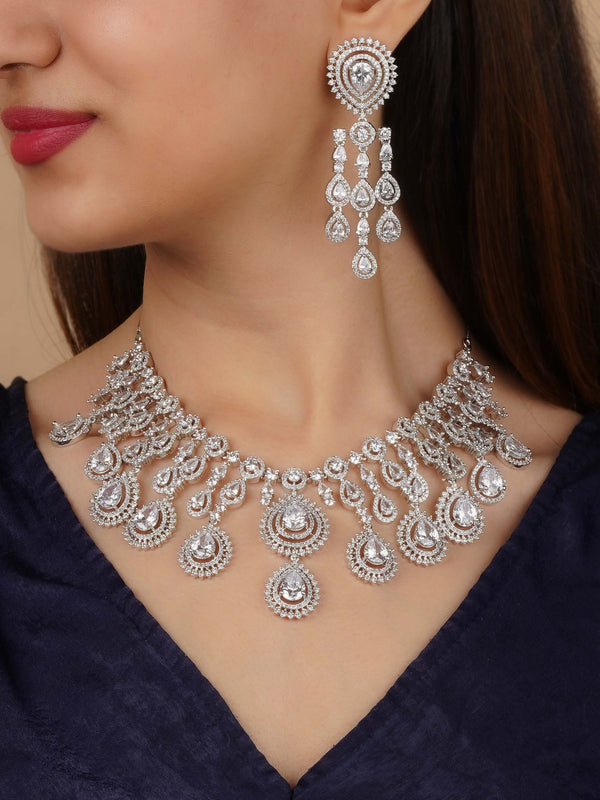 CZSET296 - White Color Silver Plated Faux Diamond Necklace Set