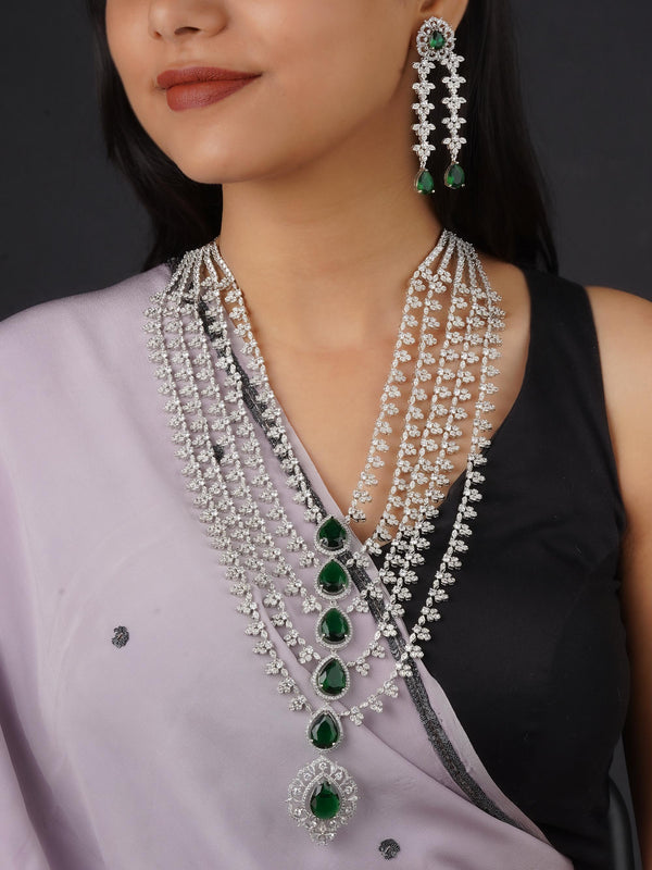 CZSET297GR - Green Color Silver Plated Faux Diamond Necklace Set