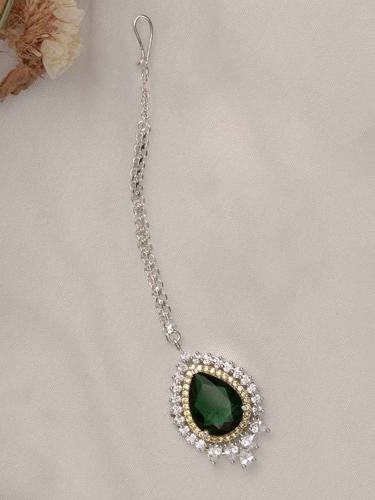 CZSET298GR- Green Color Faux Diamond Medium Necklace Set With Tika