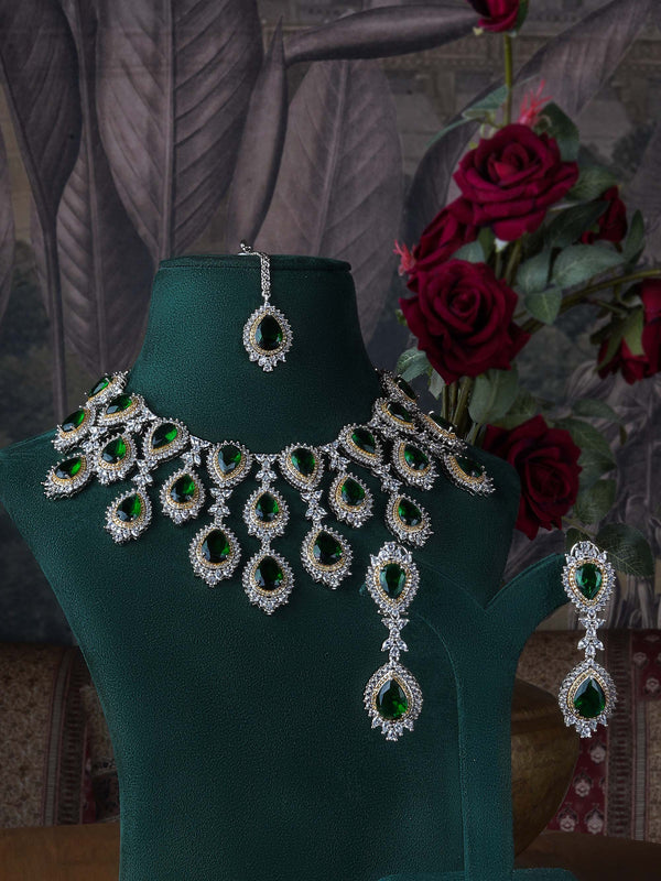 CZSET298GR- Green Color Silver Plated Faux Diamond Bridal Necklace Set