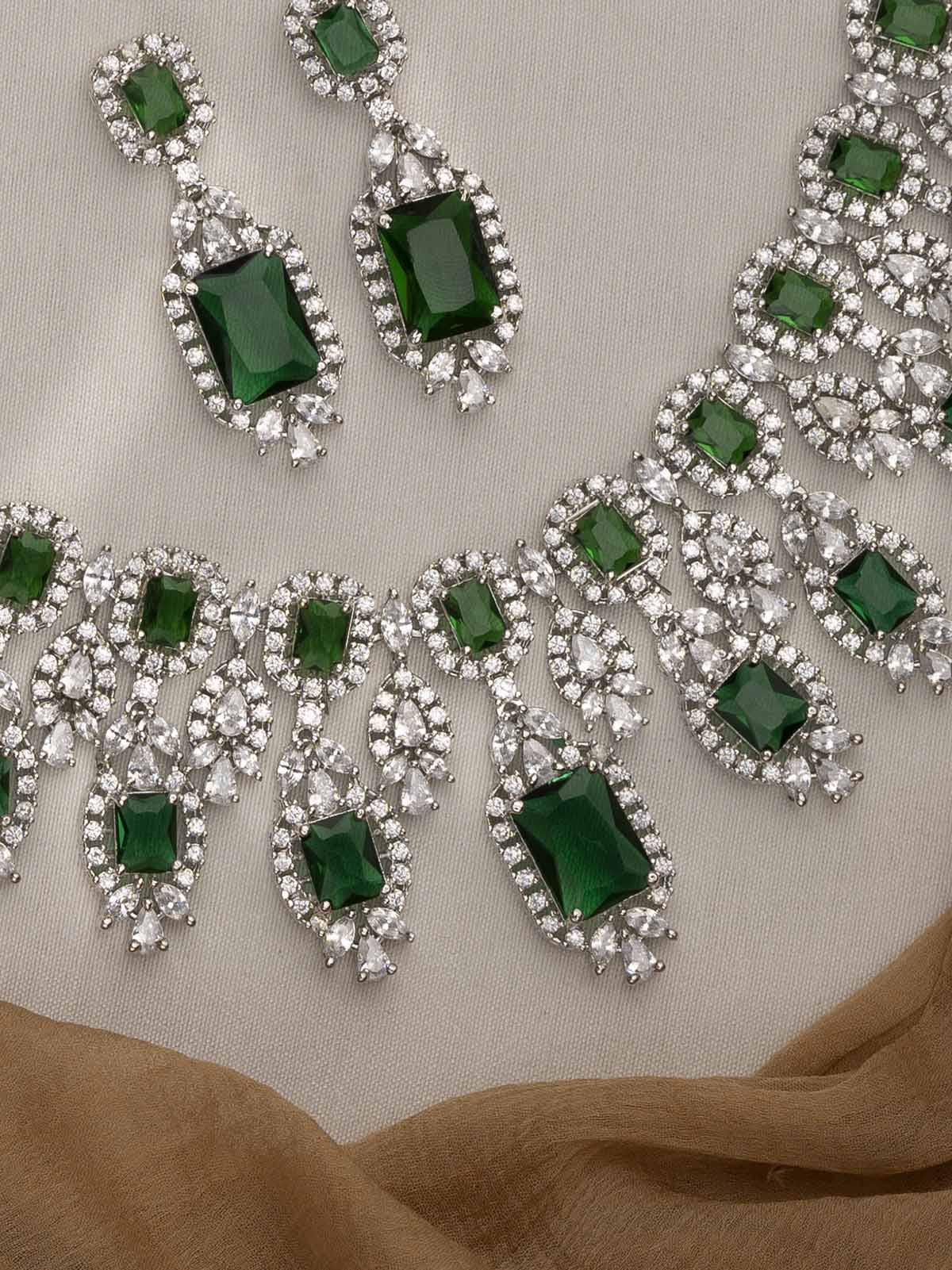 CZSET299GR - Green Color Silver Plated Faux Diamond Necklace Set