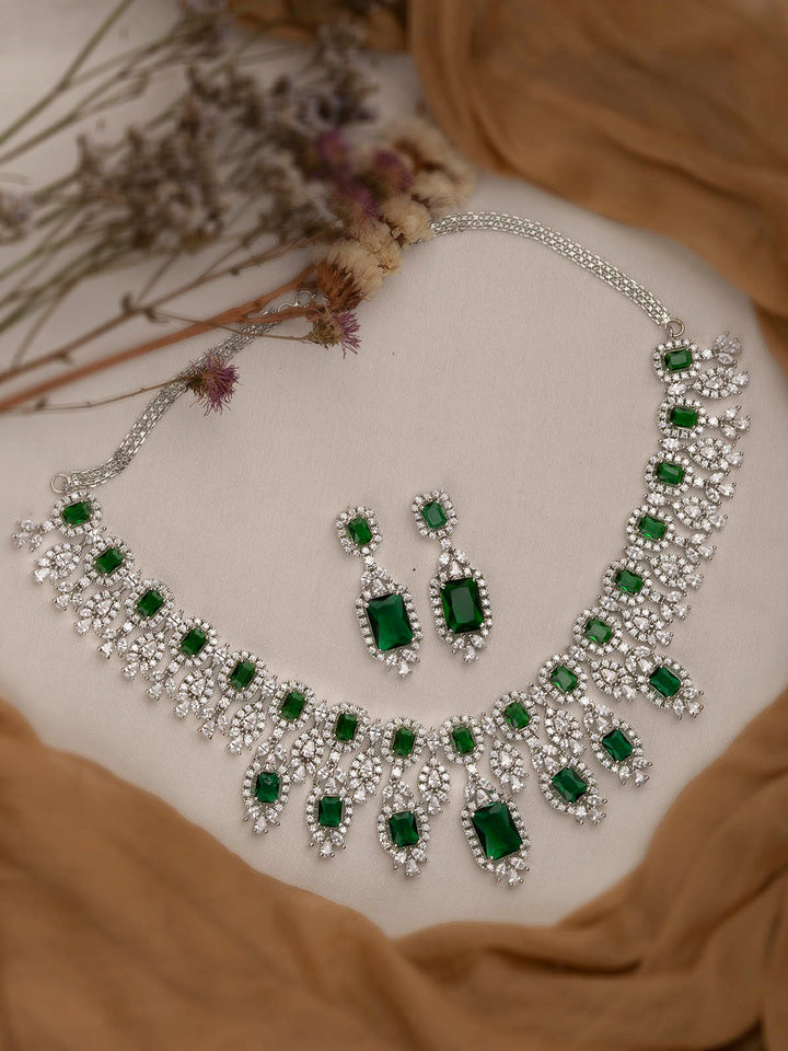 CZSET299GR - Green Color Faux Diamond Medium Necklace Set