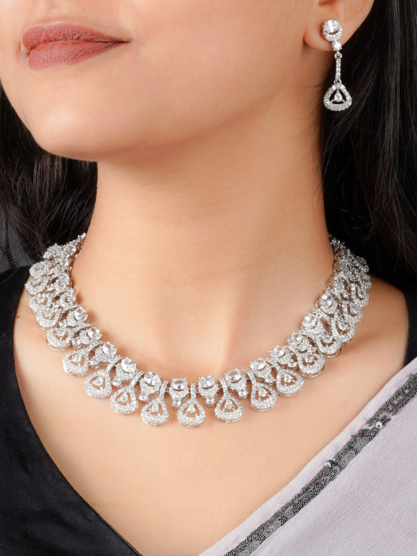 CZSET304 - White Color Silver Plated Faux Diamond Necklace Set