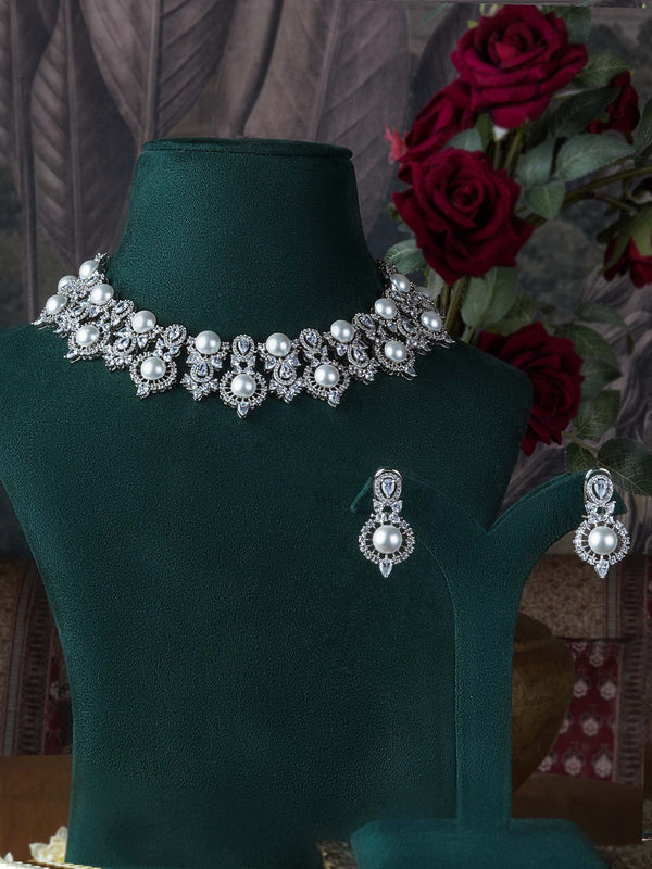 CZSET305 - White Color Silver Plated Faux Diamond Necklace Set